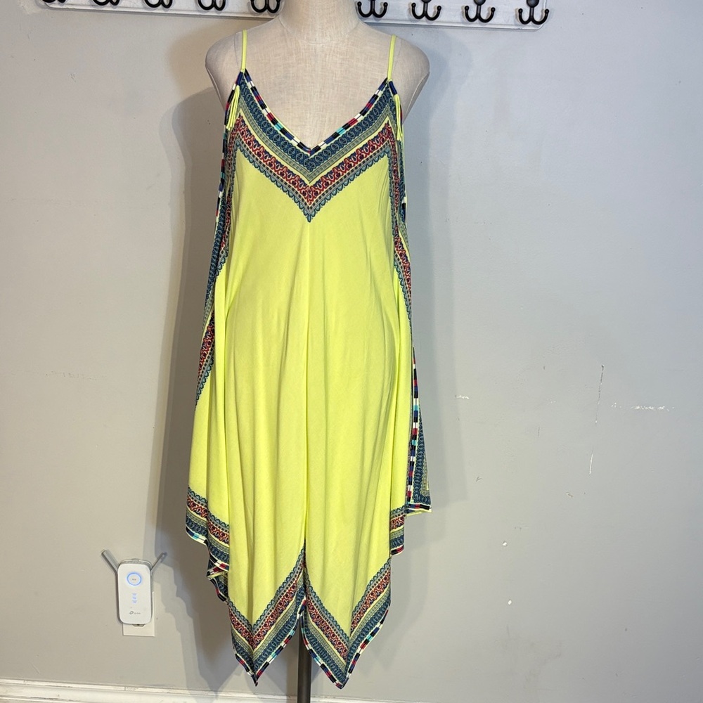 Tribal Asymmetrical Yellow Dress with Patterned Trim Size Medium